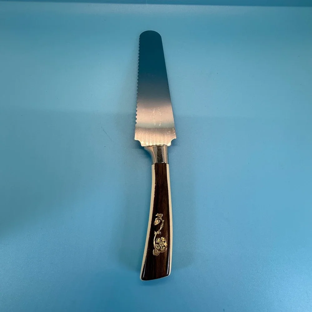 VTG Lifetime Cutlery Serrated Cake Knife Brown Cream Gold Floral Inlay MCM 10.5